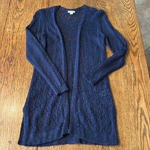 Navy Blue Knit Open Front Cardigan Sweater, XS Petite